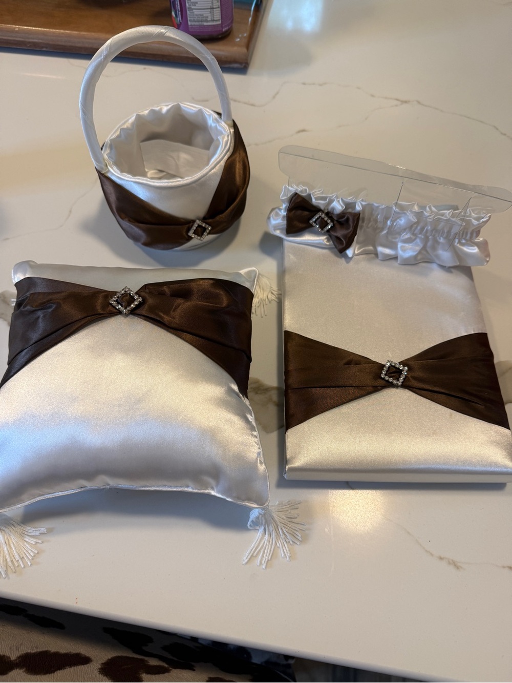 Satin Ring Bearer Pillow and Flower Basket Set - Ivory and Chocolate Brown